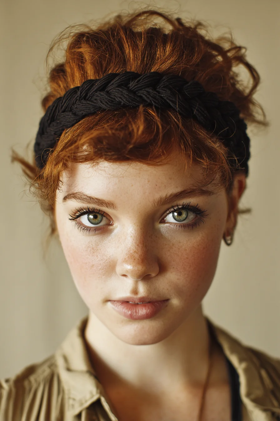 Textured Red Curly Updo with Braided Headband and Wispy Fringe