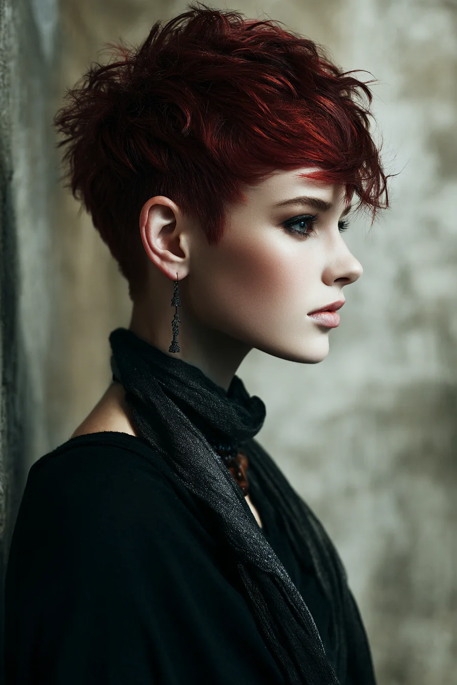 Textured Red Pixie Cut with Choppy Layers and Side-Swept Fringe