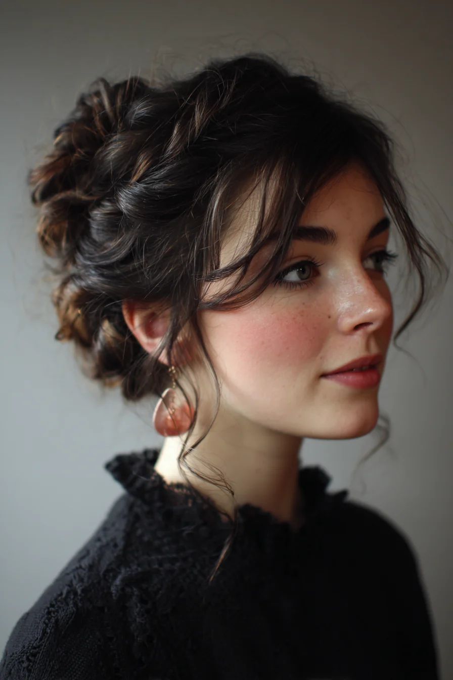 Textured Romantic Braided Updo with Face‑Framing Tendrils
