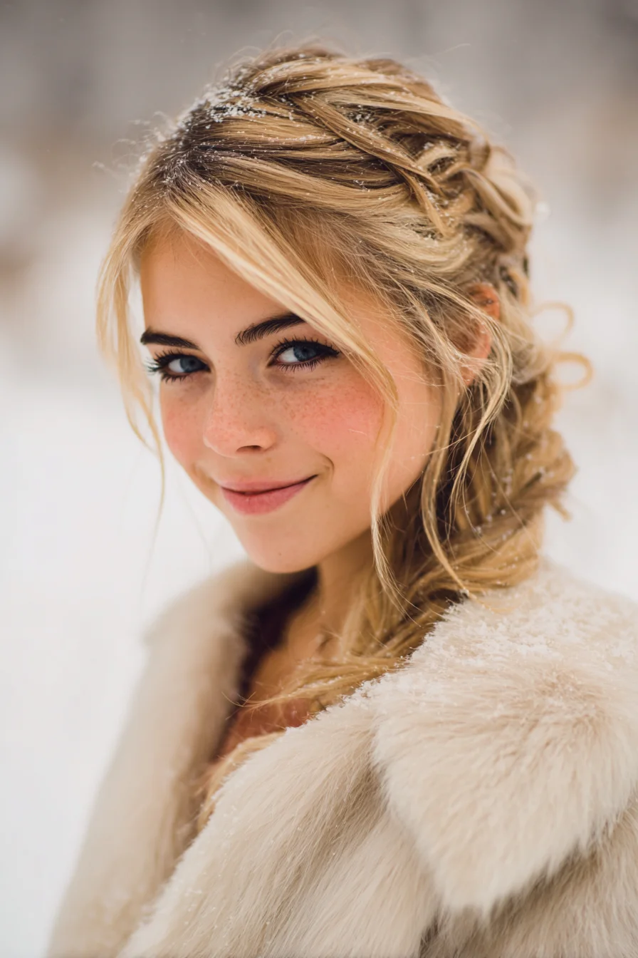 Textured Romantic Braided Updo with Face‑Framing Waves