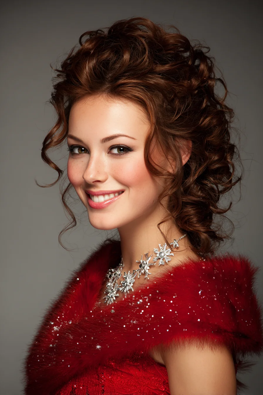 Textured Romantic Curly Updo with Face‑Framing Tendrils