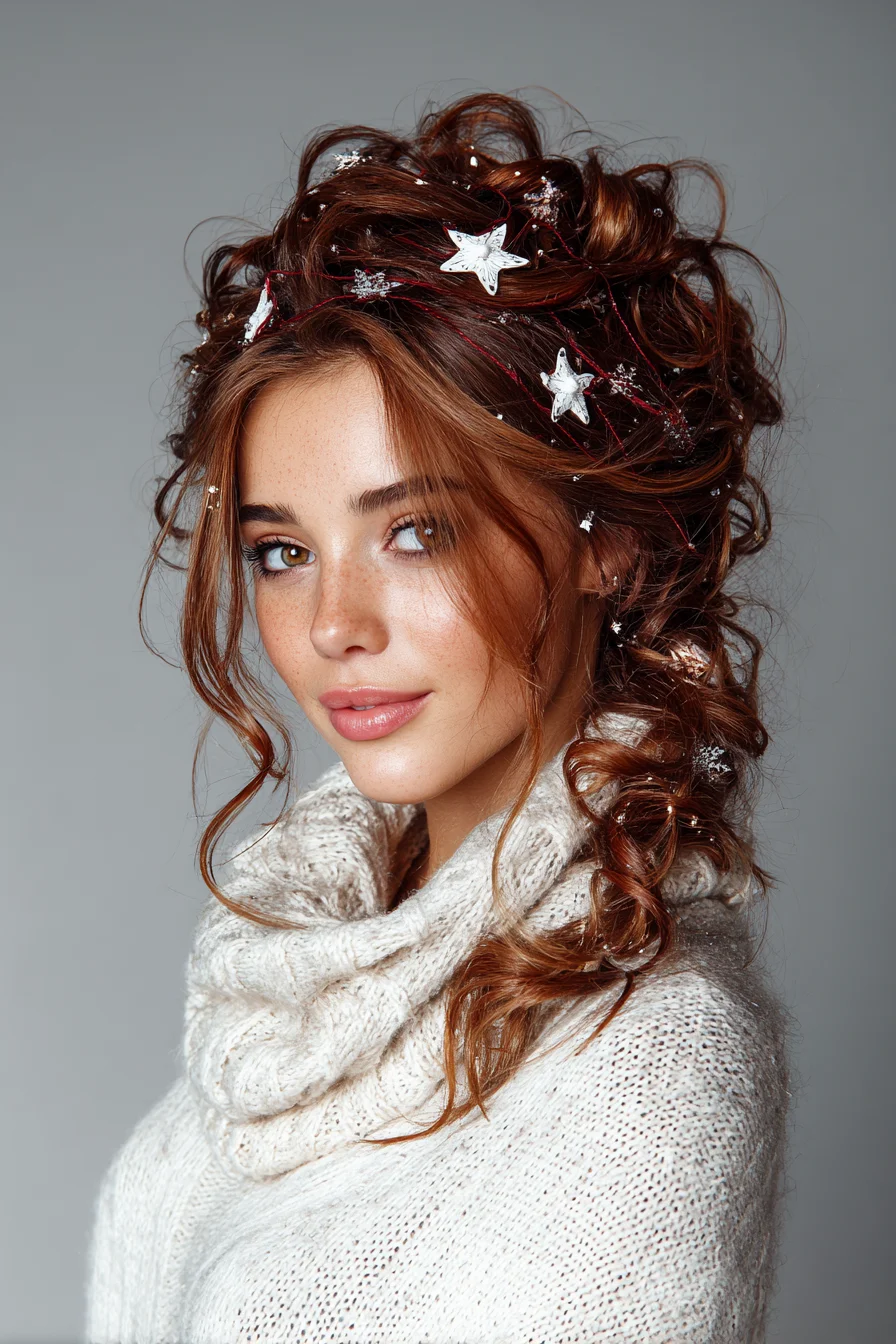 Textured Romantic Curly Updo with Star Accessories and Face‑Framing Tendrils