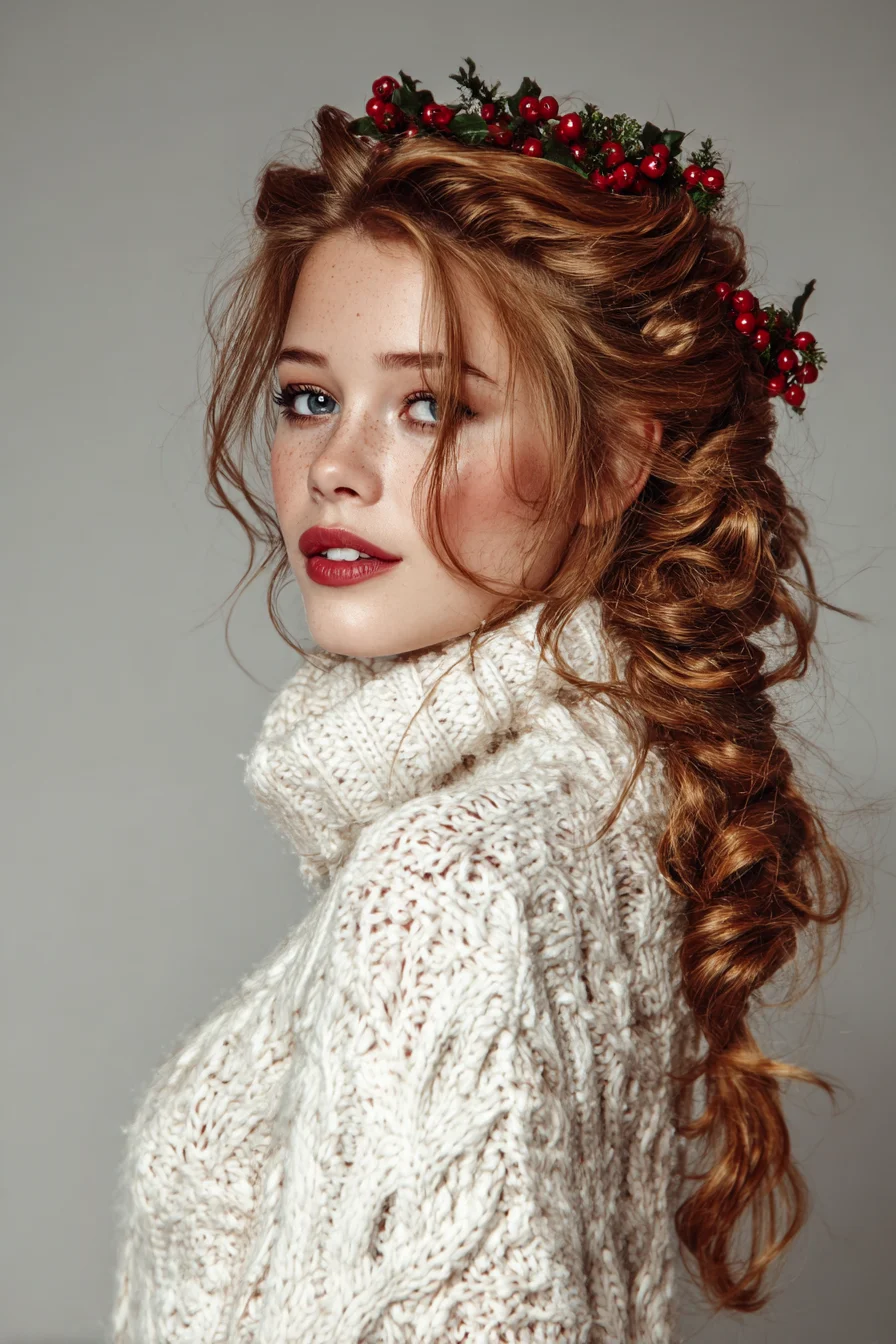 Textured Romantic Side Braid with Berry Floral Crown