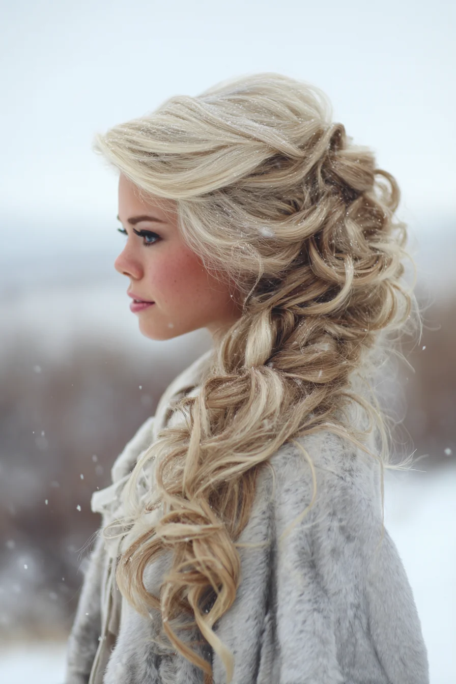 Textured Romantic Side Braid with Voluminous Curls