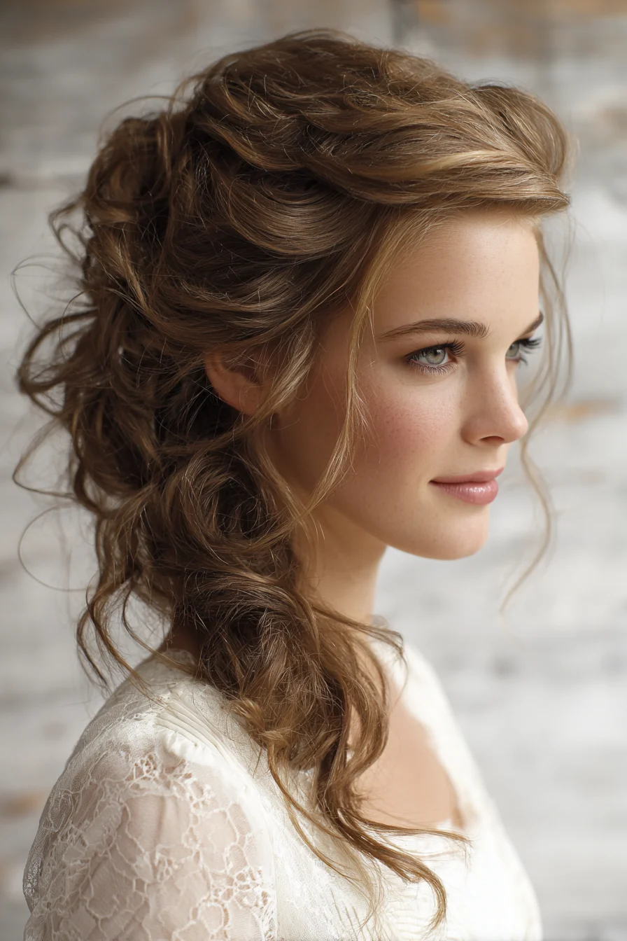 Textured Romantic Side-Swept Tousled Updo with Loose Waves & Face‑Framing Tendrils
