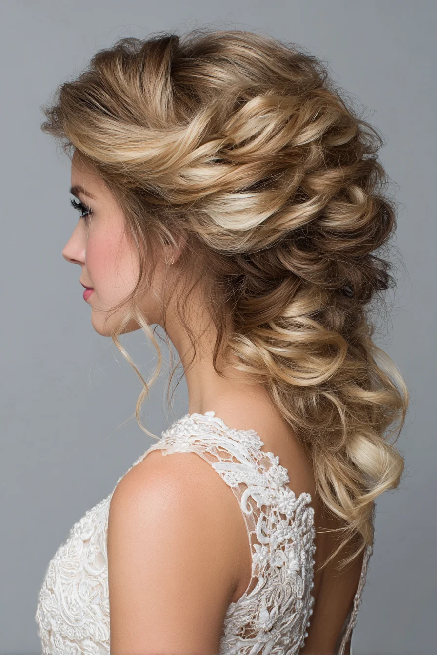 Textured Romantic Twisted Low Updo with Face‑Framing Tendrils