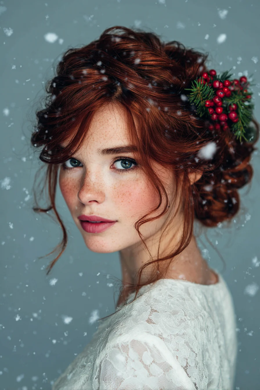 Textured Romantic Updo with Face‑Framing Tendrils and Festive Berry Accent