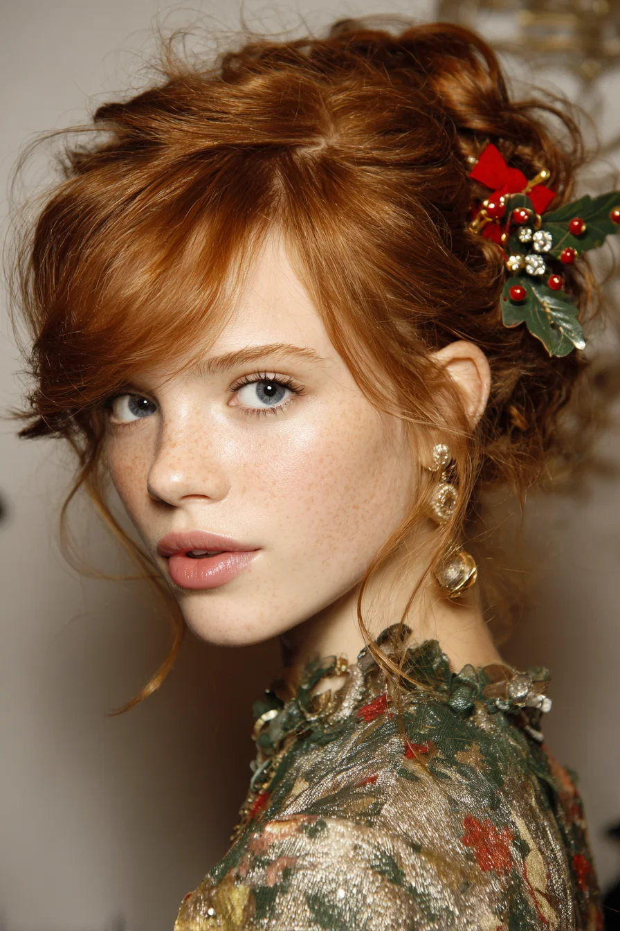 Textured Romantic Updo with Wispy Fringe and Face‑Framing Tendrils