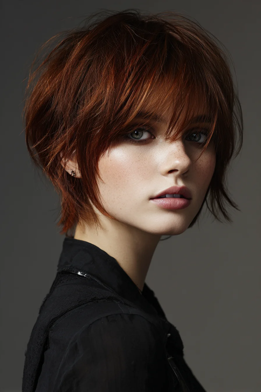 Textured Shag Pixie with Curtain Bangs — Short Red Layered Cut