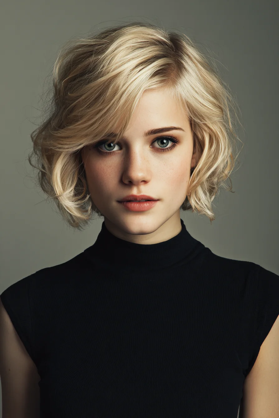 Textured Short Blonde Bob with Side-Swept Fringe