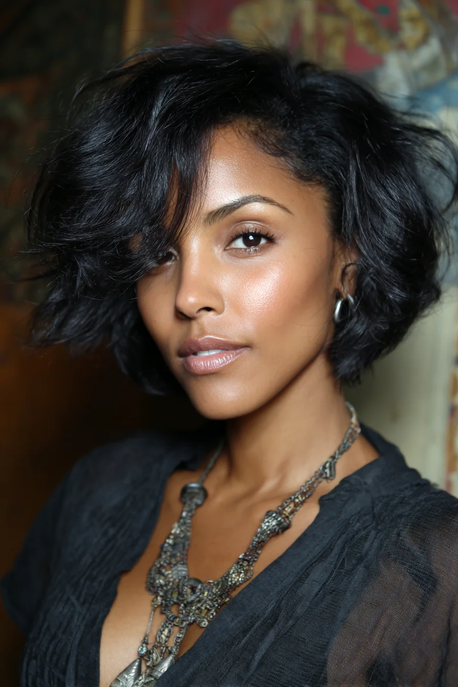 Textured Short Bob with Side‑Swept Fringe and Tousled Volume