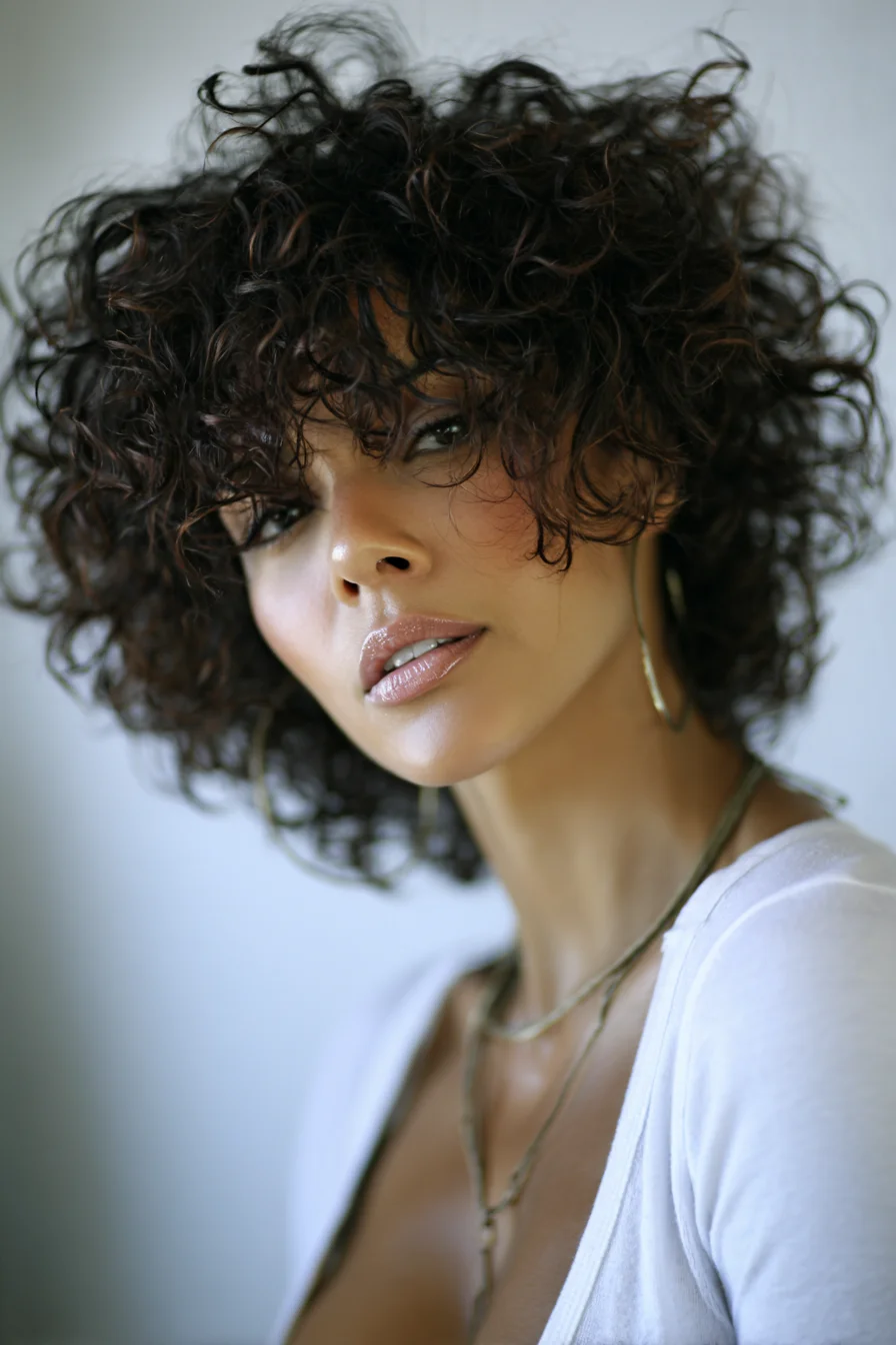 Textured Short Curly Bob with Soft Fringe