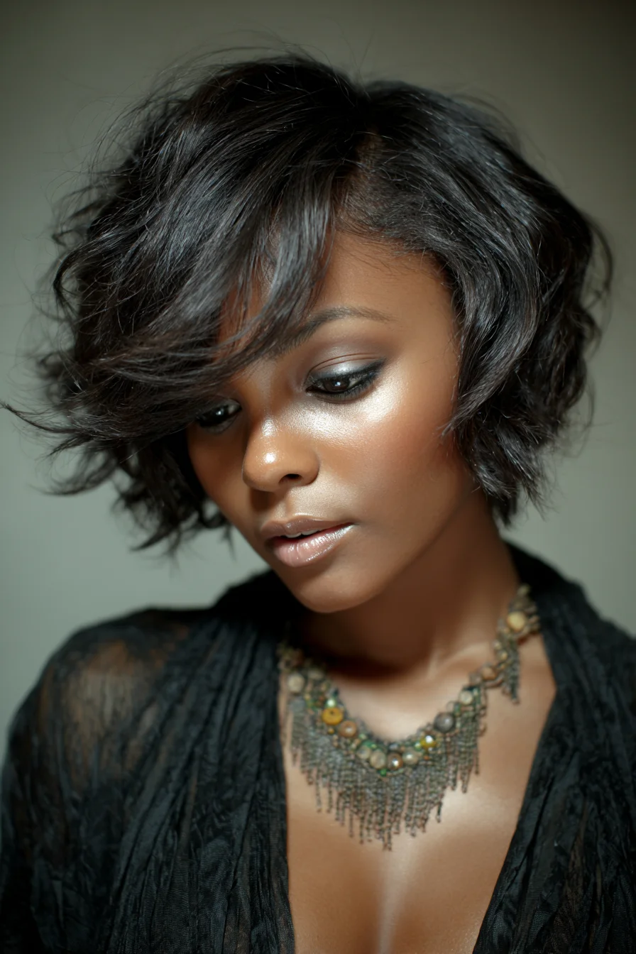 Textured Short Layered Bob with Side‑Swept Fringe