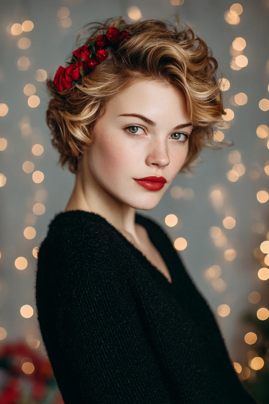 Textured Short Wavy Bob with Side-Swept Volume and Floral Accent
