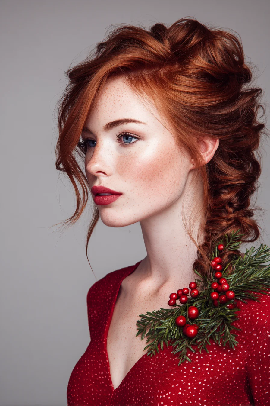 Textured Side Braid Updo with Face‑Framing Waves for Medium-Long Hair