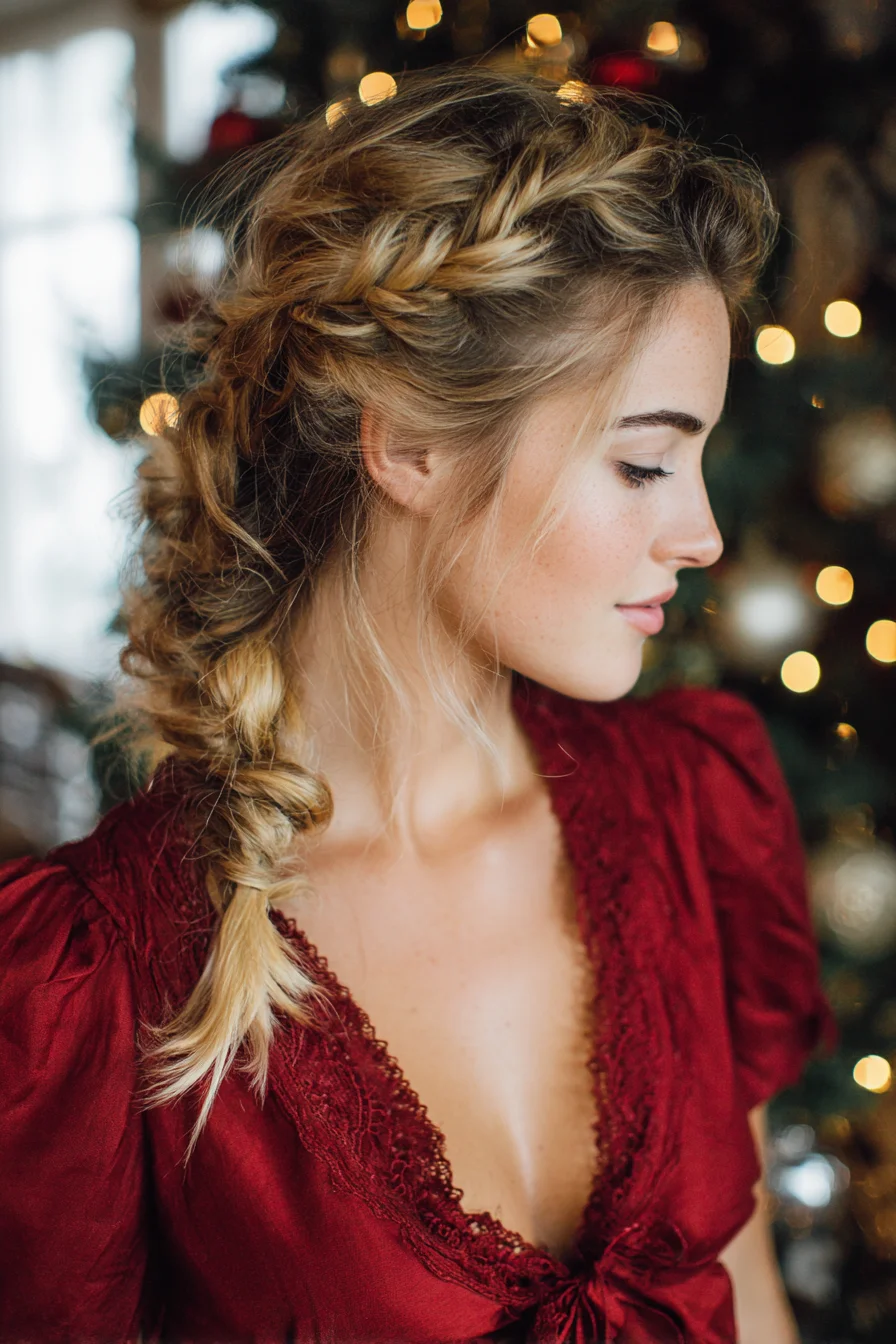 Textured Side Dutch-to-Fishtail Braid with Face‑Framing Tendrils