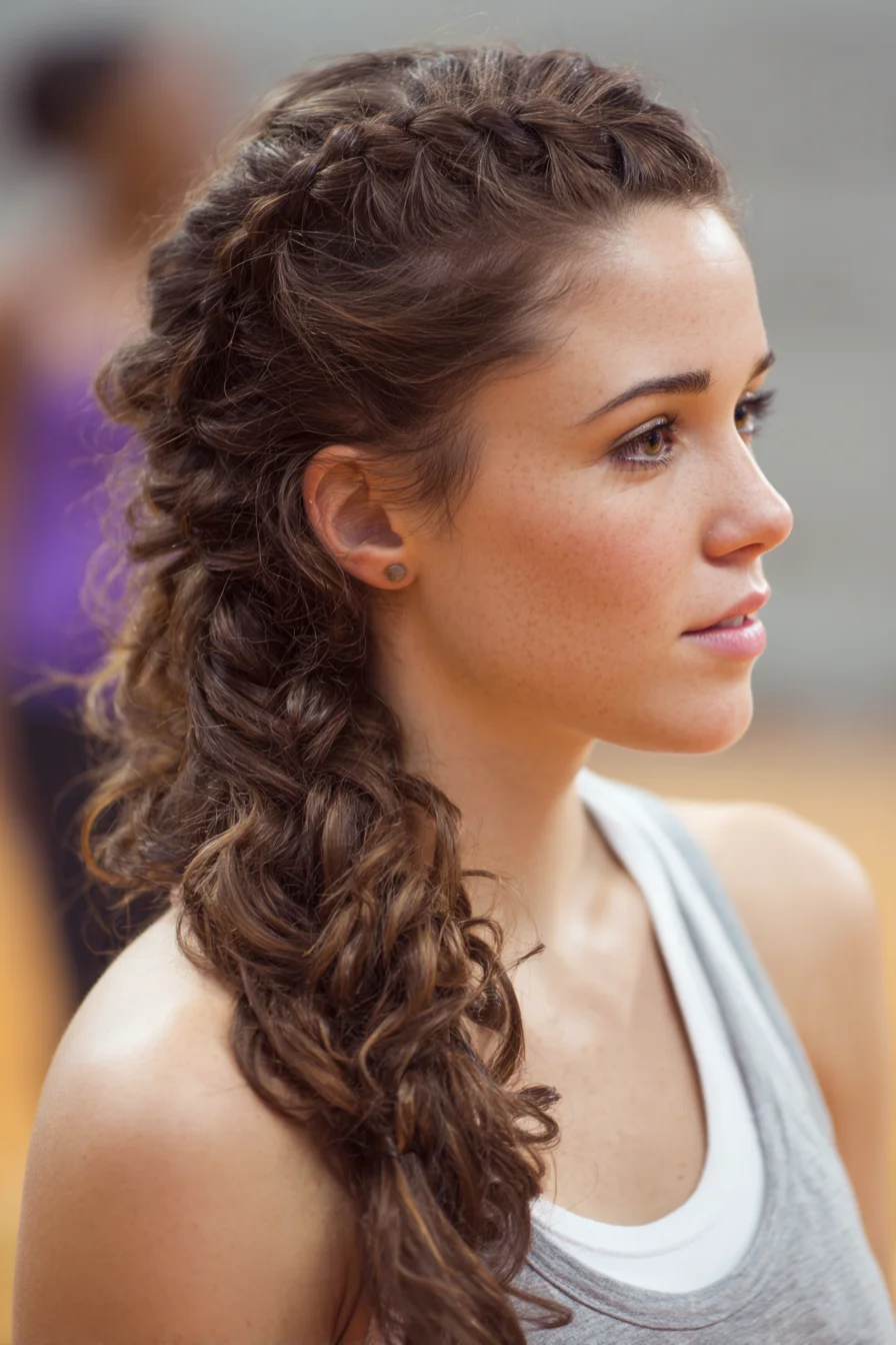 Textured Side French Braid into Curly Low Ponytail
