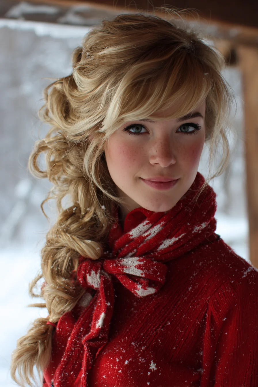 Textured Side‑Swept Curly Braid with Face‑Framing Bangs