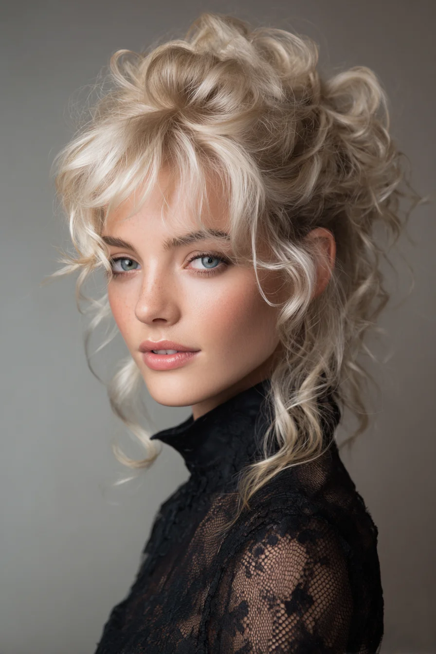 Textured Tousled Curly Updo with Curtain Bangs