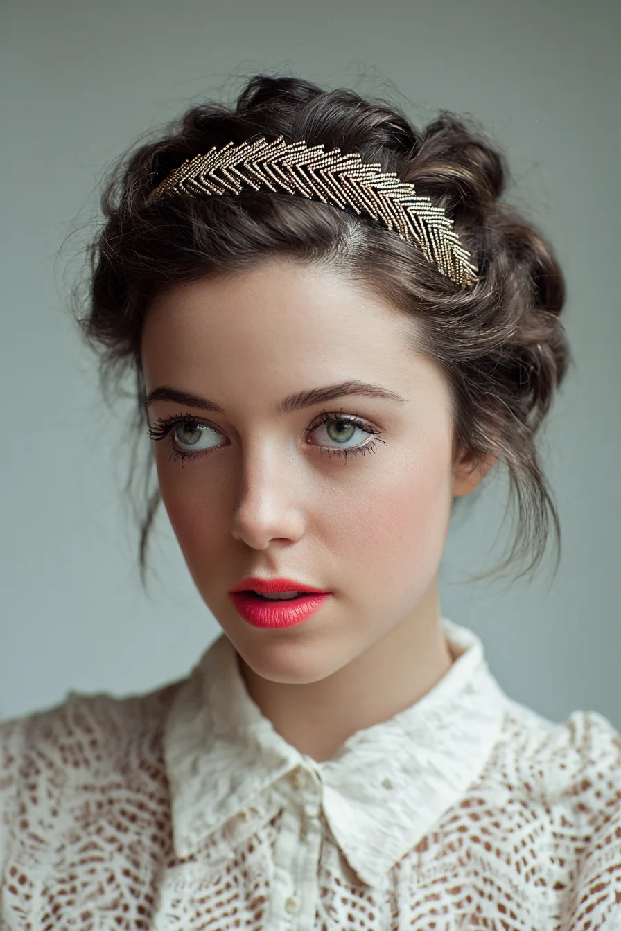 Textured Twisted Updo with Gold Leaf Headband