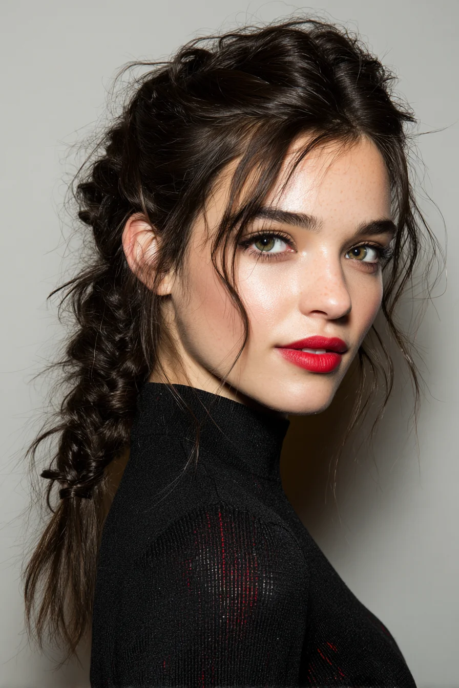 Textured Voluminous Low Braid with Face‑Framing Tendrils