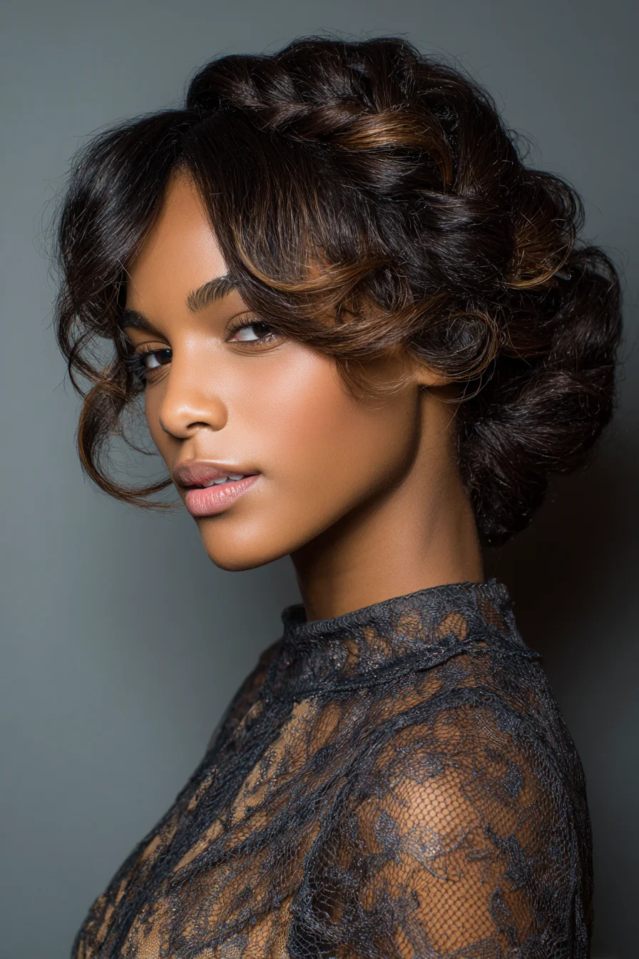 Textured Voluminous Low Chignon with Face‑Framing Curls
