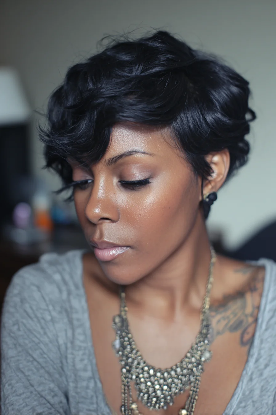 Textured Wavy Pixie with Side‑Swept Fringe