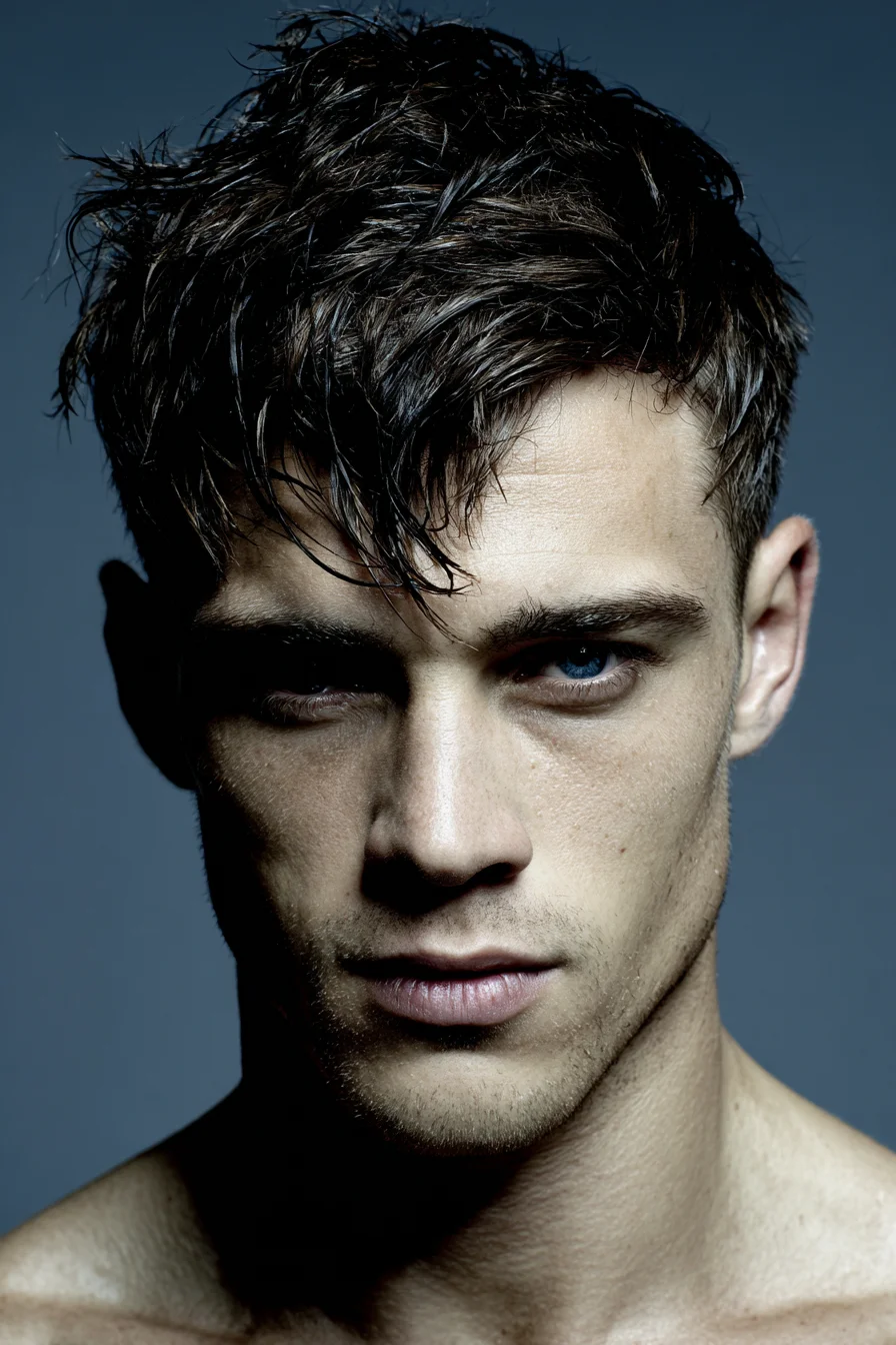 Textured Wet-Look Crop with Choppy Fringe — Mens Short Layered Cut