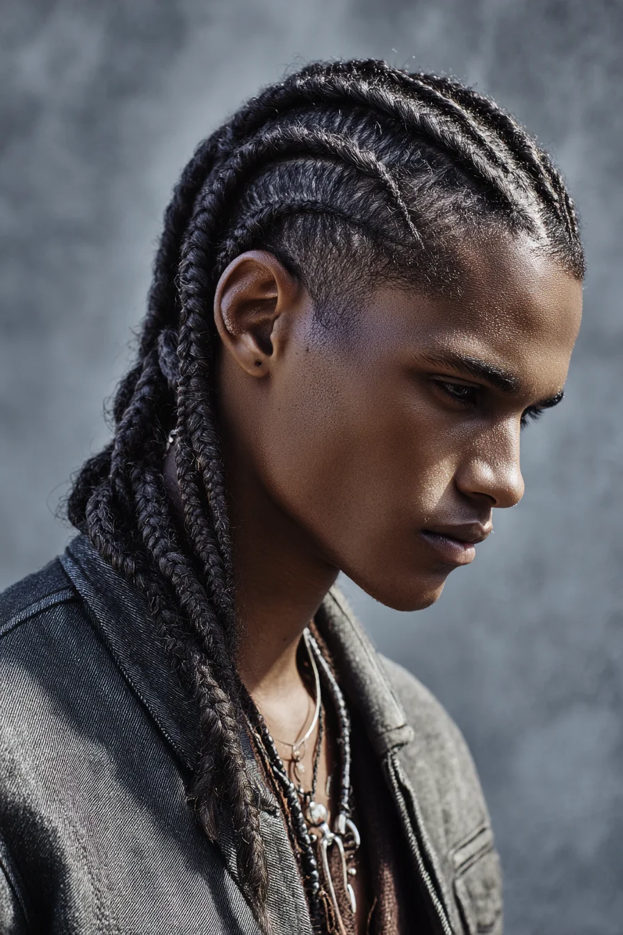 Tight Cornrows with Long Feed-In Braids for Textured Hair