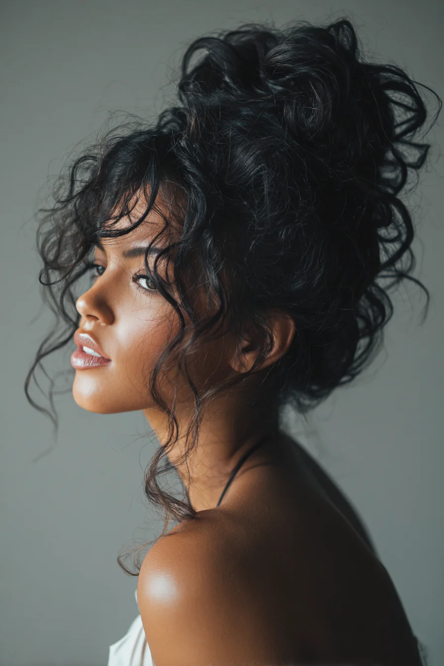 Tousled Curly High Messy Bun with Face-Framing Tendrils