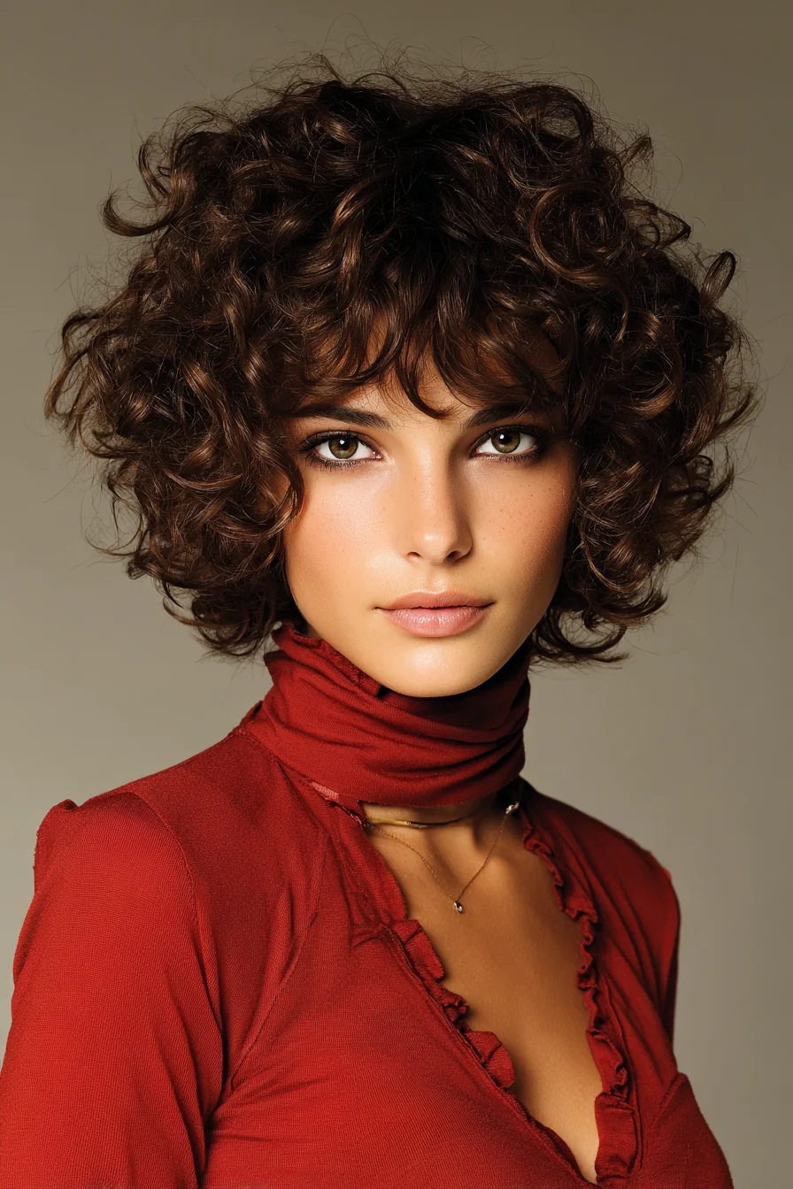 Tousled Short Curly Bob with Soft Fringe