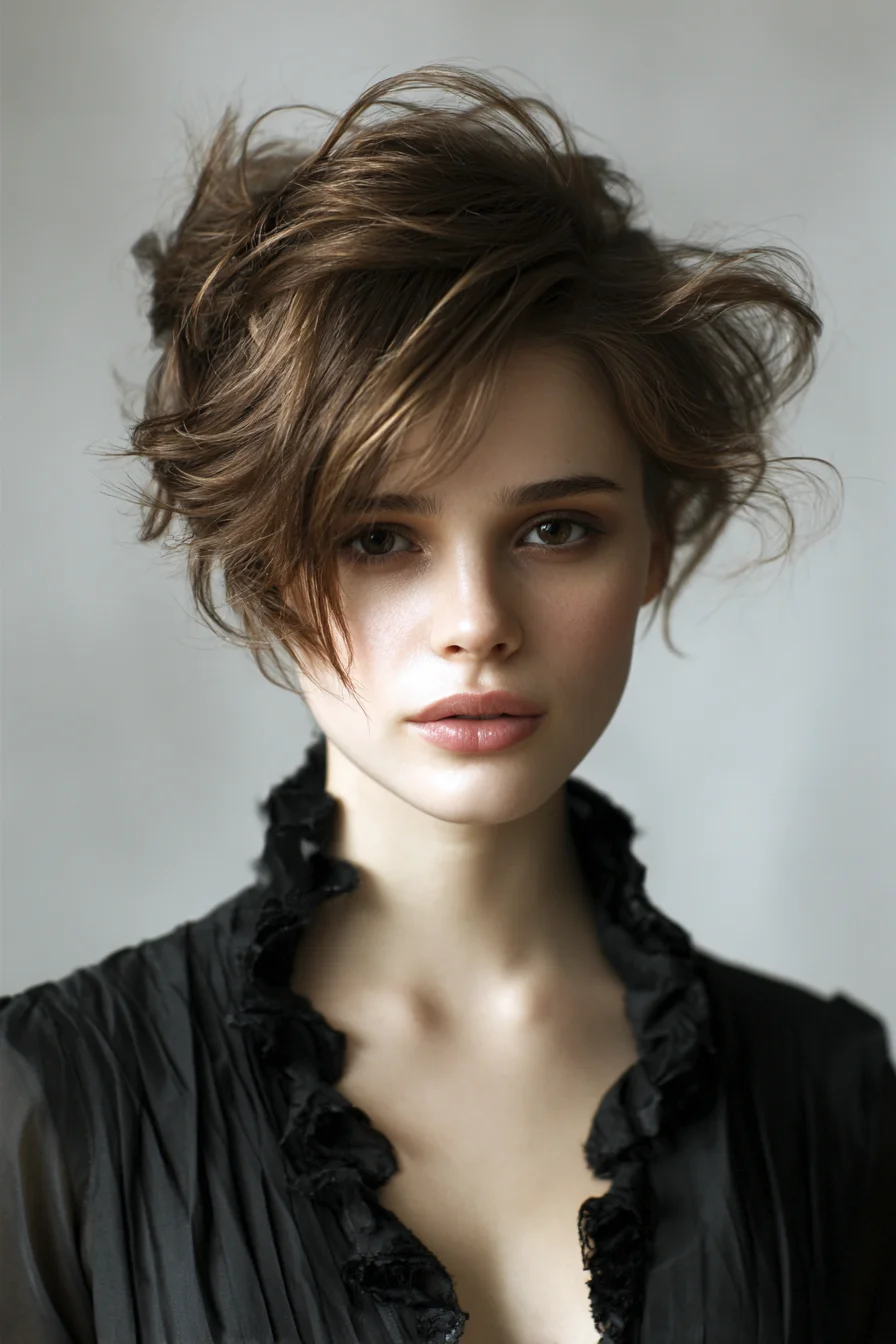 Tousled Textured Pixie with Long Side Fringe — Short Layered Hairstyle