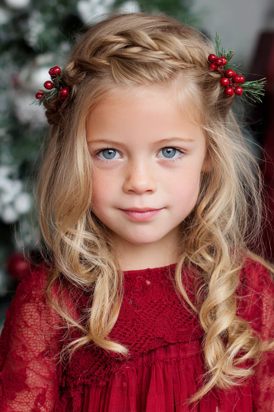 Twisted Crown with Loose Curls and Festive Berry Accents