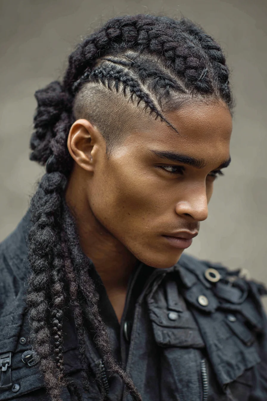 Undercut Cornrows with Feed‑In Braids into Long Textured Braided Ponytail