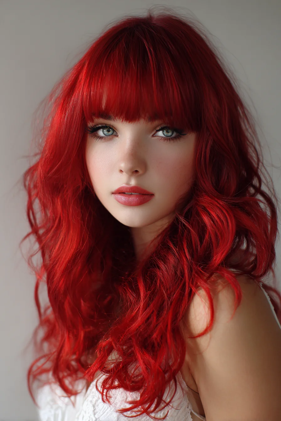 Vibrant Red Long Layered Waves with Blunt Fringe