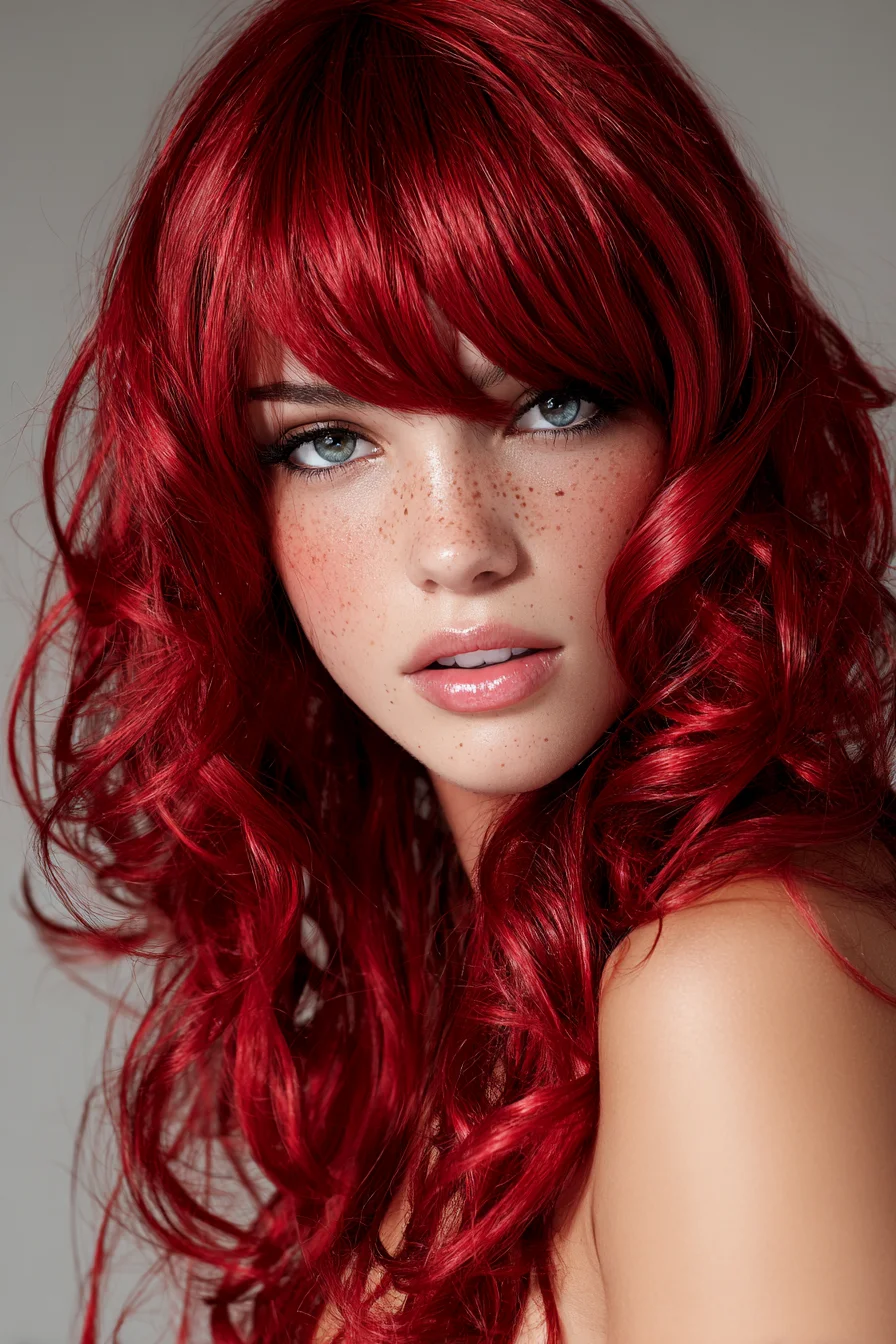 Vibrant Red Long Layers with Curtain Bangs and Loose Salon Curls