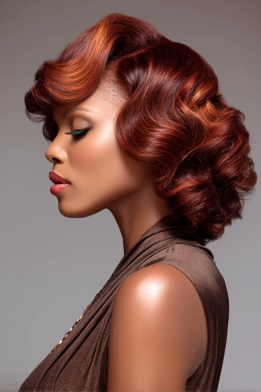 Vintage Finger Waves with Sculpted Side Roll — Glossy Red Medium-Length Style