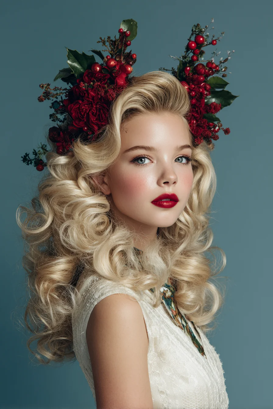 Vintage Hollywood Voluminous Curls with Deep Side Sweep and Floral Crown
