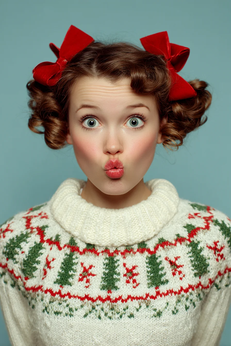 Vintage Pin‑Curl Pigtails with Red Ribbon Bows