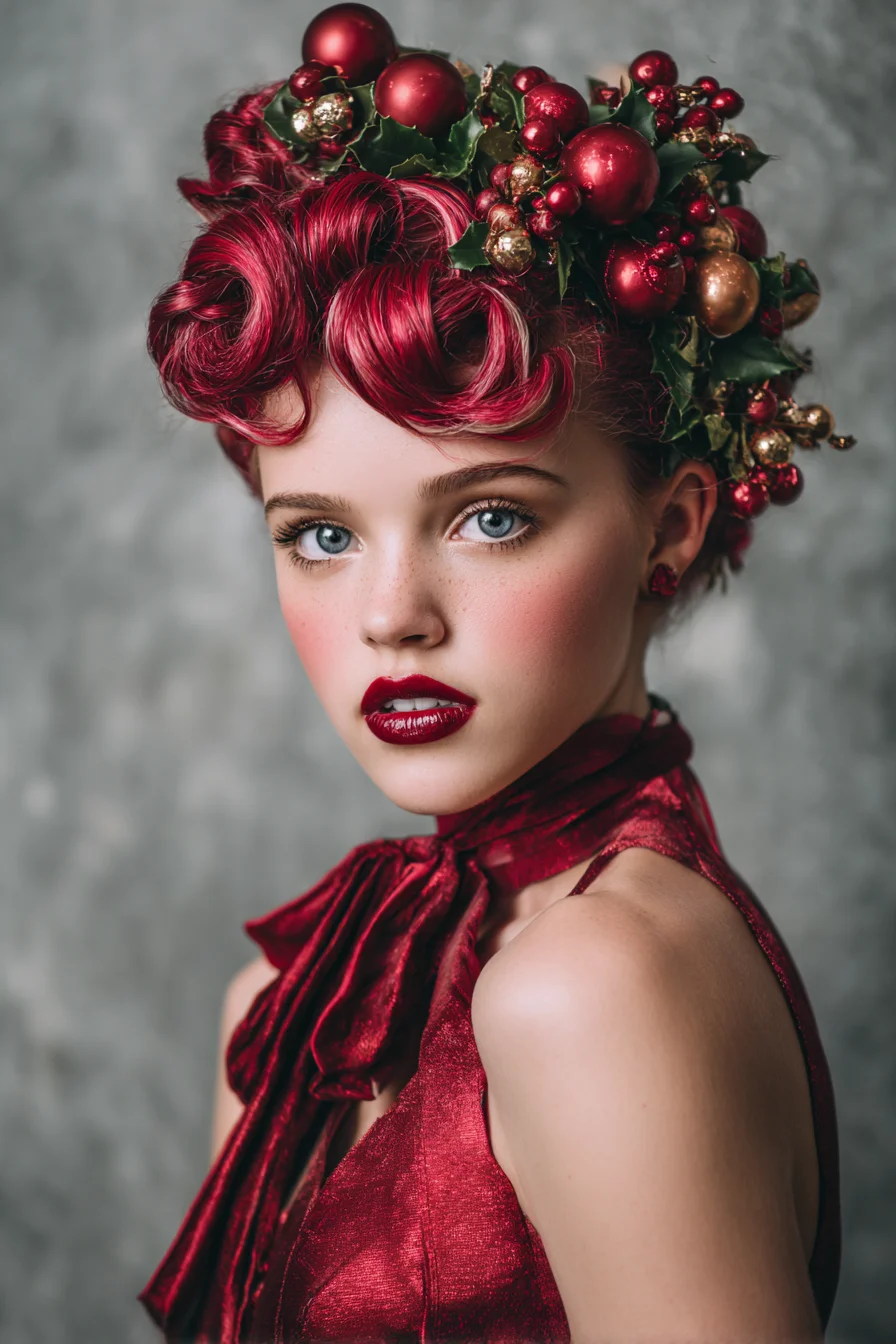 Vintage Sculpted Finger-Wave Holiday Updo with Festive Ornament Crown