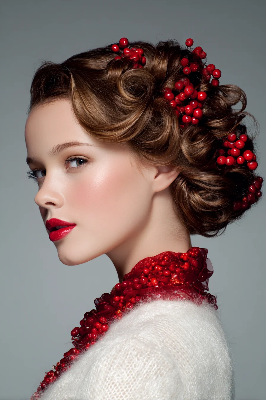 Vintage Sculpted Updo with Decorative Berry Accents