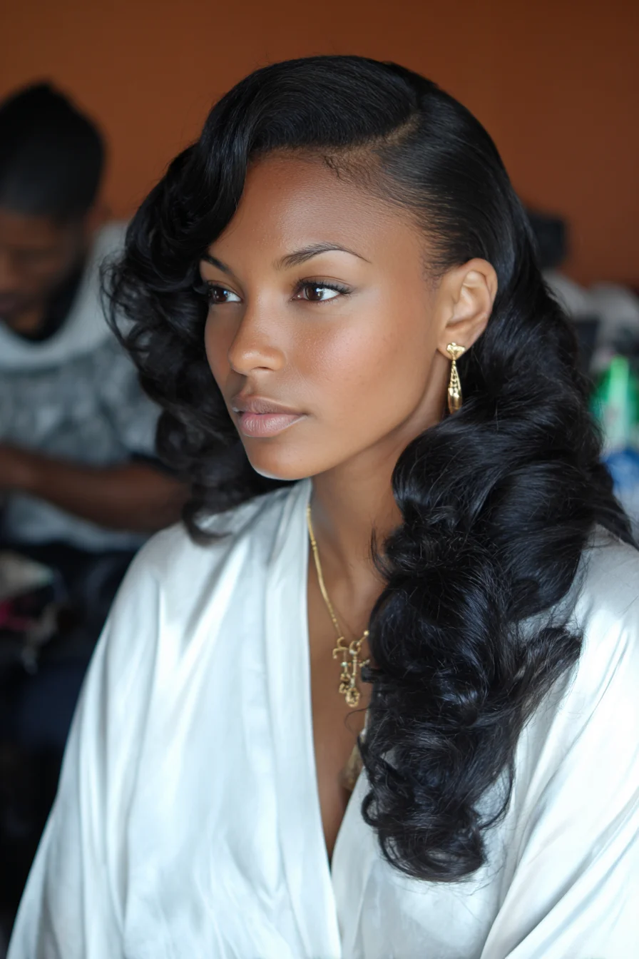 Vintage Side‑Swept Hollywood Waves — Long Sleek Glam Curls