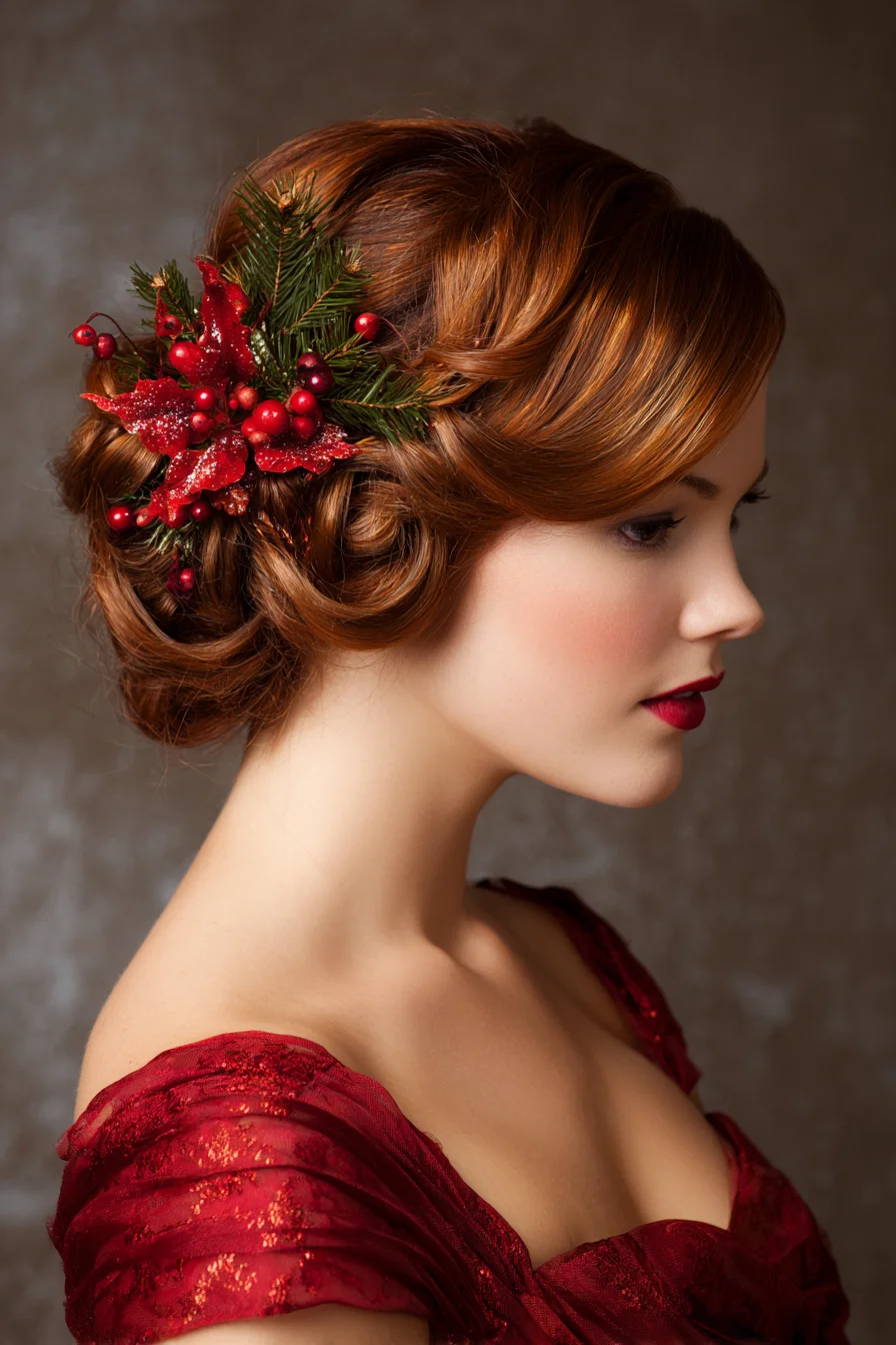 Vintage Side‑Swept Low Chignon with Holiday Floral Accent