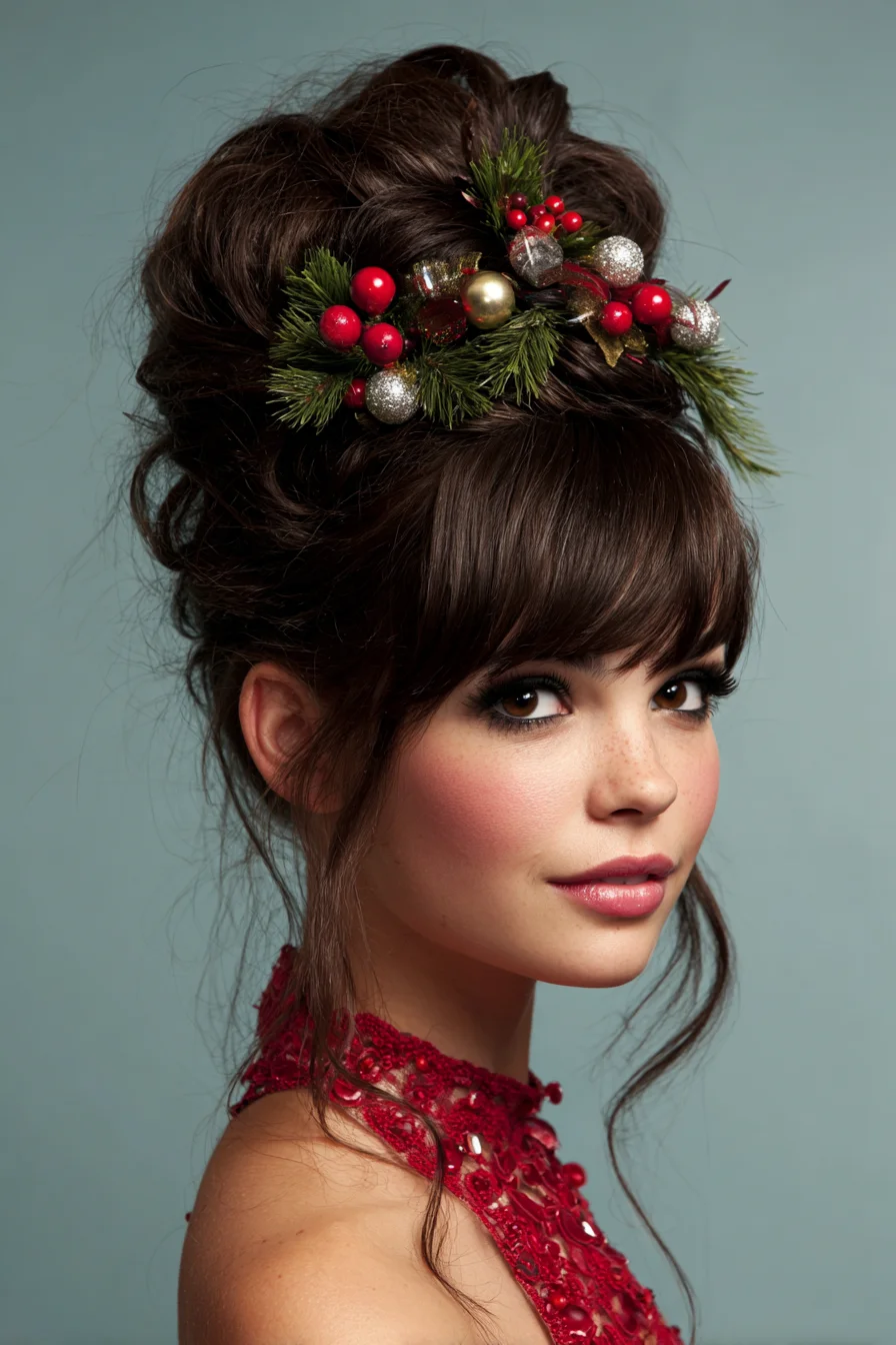 Voluminous Beehive Updo with Full Fringe and Festive Pine Accent