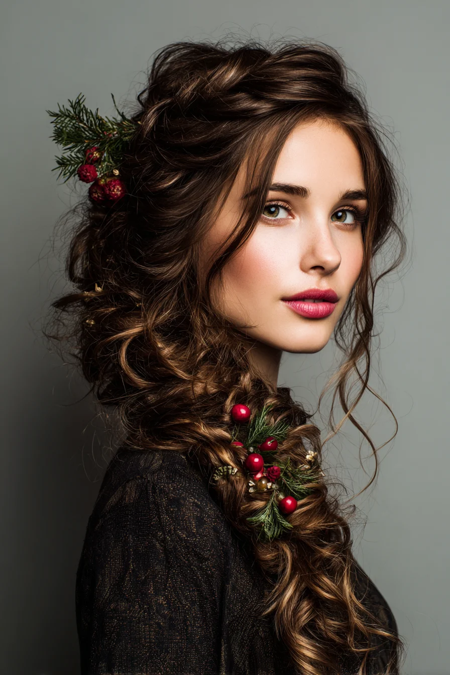 Voluminous Boho Side Braid with Festive Pine and Berry Accents