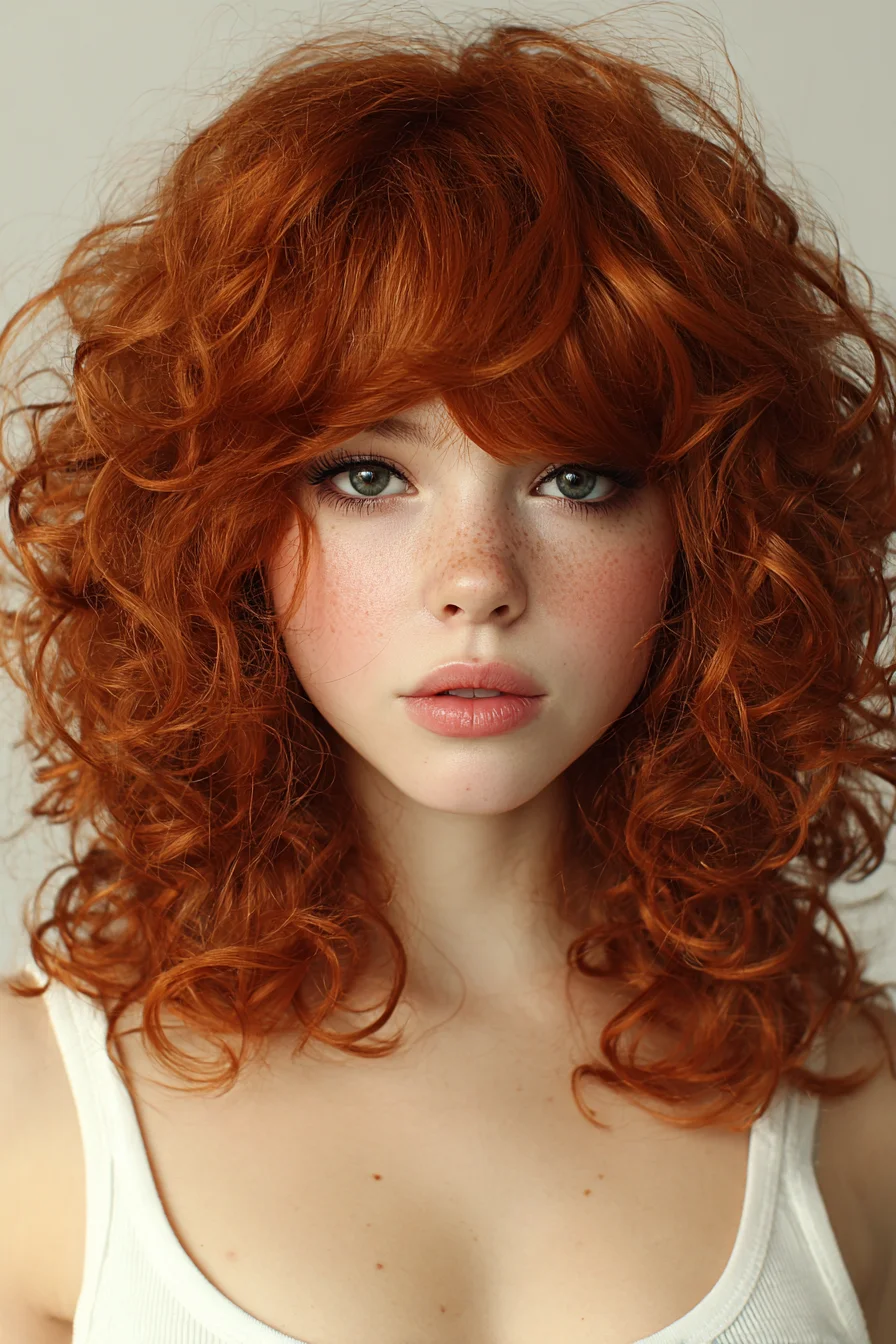 Voluminous Copper Curly Shag with Face‑Framing Bangs