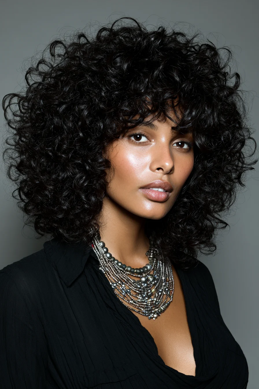 Voluminous Curly Afro Bob with Shaggy Fringe — Layered Cut for Tight Curls
