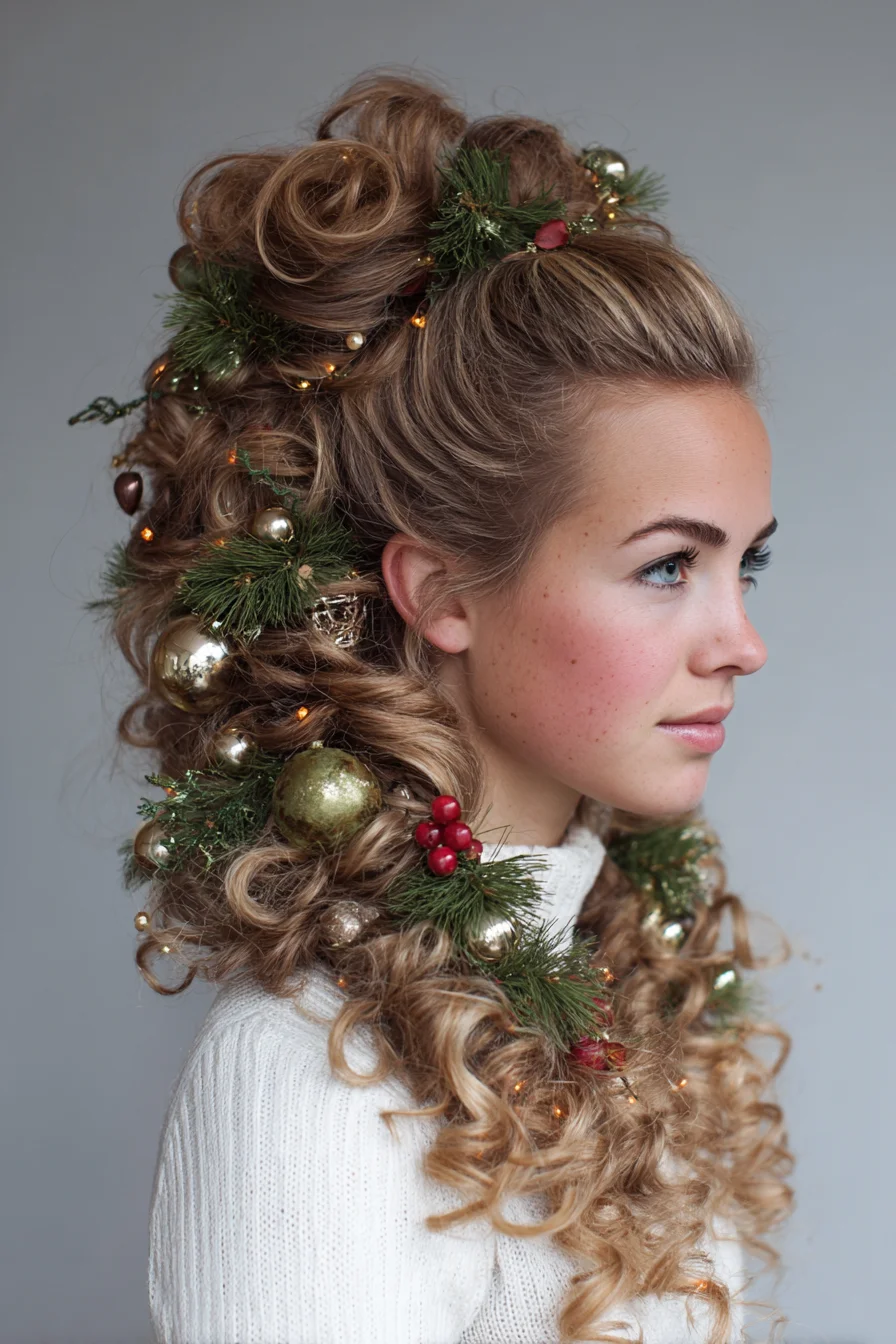 Voluminous Curly Holiday Updo with Pine & Bauble Accents