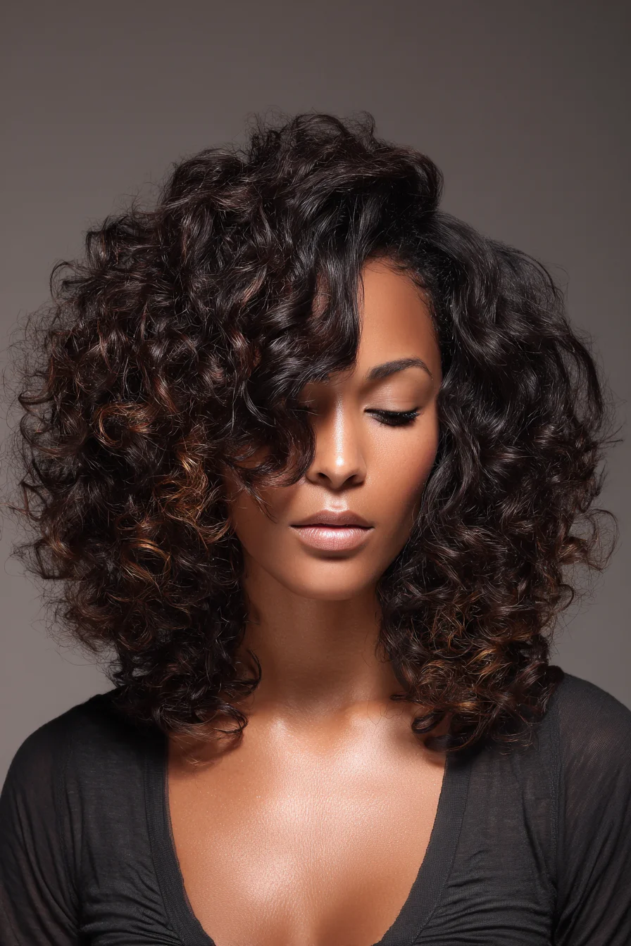 Voluminous Curly Shoulder-Length Cut with Soft Side Part