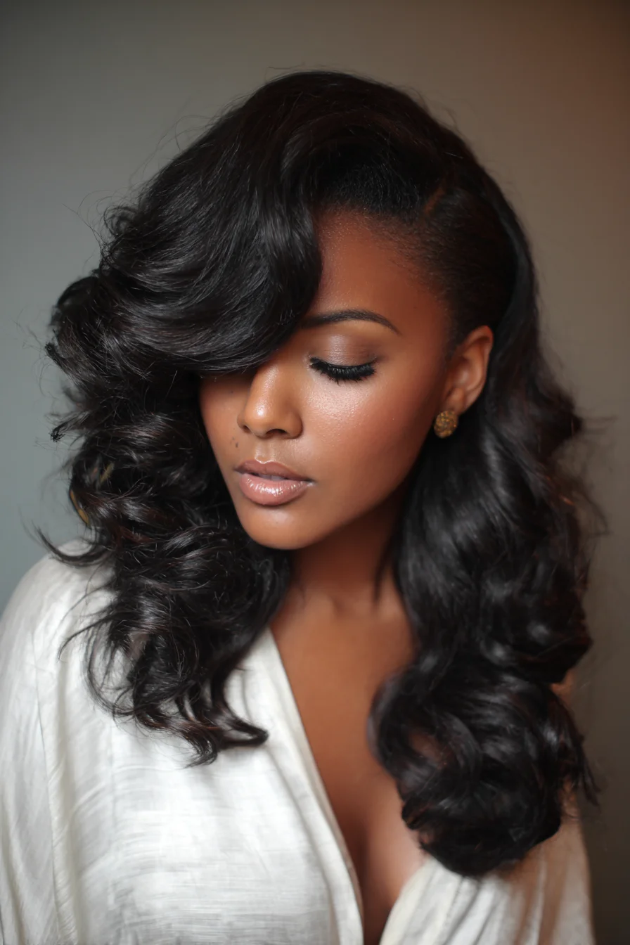 Voluminous Deep Side-Part Hollywood Waves for Long, Thick Hair